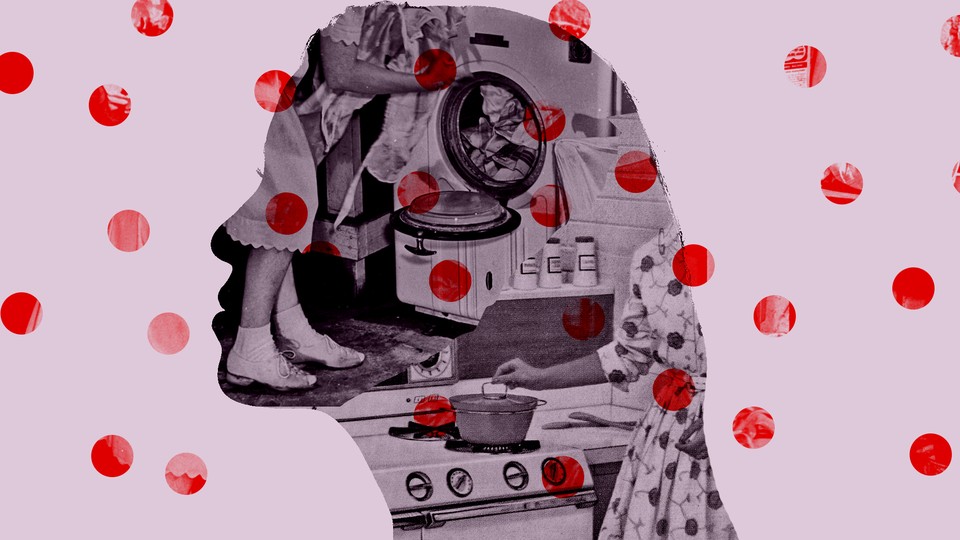 A silhouette of a woman collaged onto a pink background with red polka dots, and a 1950s image of a girl doing laundry against the sllhouette