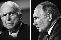 A split-screen image of John McCain and Vladimir Putin