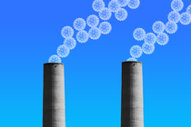 Two smokestacks are spewing cartoon viruses into the sky.