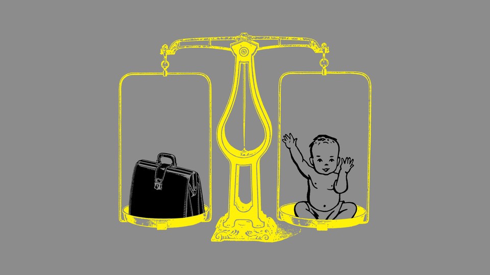 An illustration of a scale that balances a baby with a briefcase