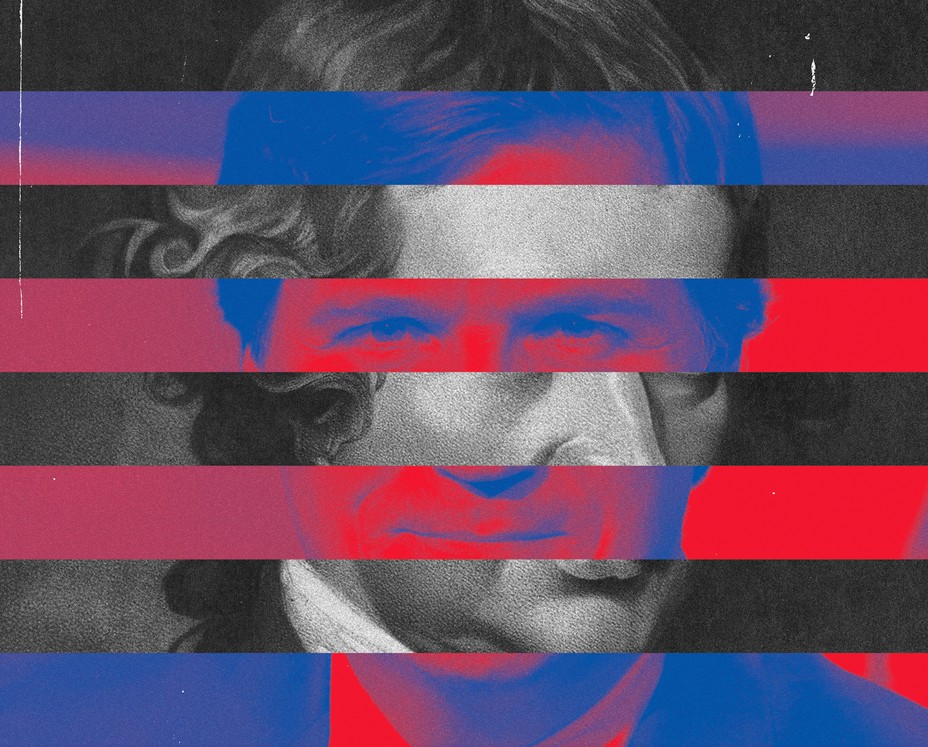 stripes of black and white photo of 18th century man alternating with red/blue stripes of photo of Tucker Carlson