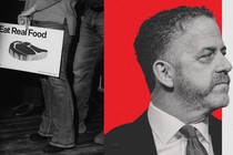 Collage of a black-and-white photo of a person holding a poster that says "Eat Real Food" and pictures a line drawing of a steak, combined with a photo of Tony Lyons against a red background