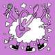 illustration of cloud with lightning with 3 arms holding mic, bass, drumsticks, and 3 feet keeping time appearing from behind it on purple background