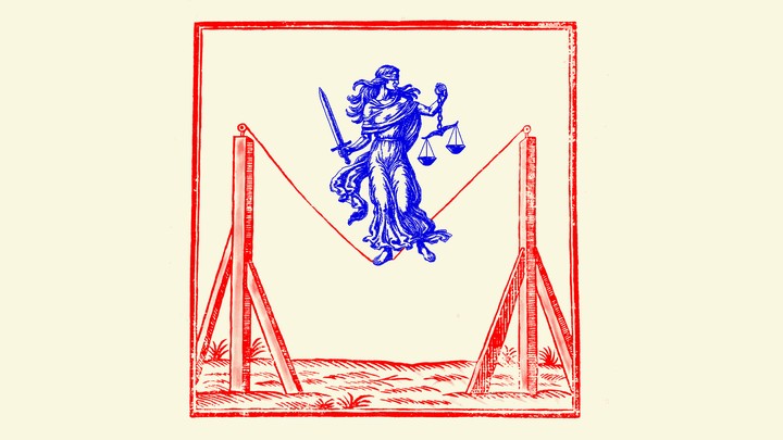 An illustration of Lady Justice standing on a tightrope