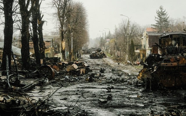 A  street strewn with destroyed tanks and debris