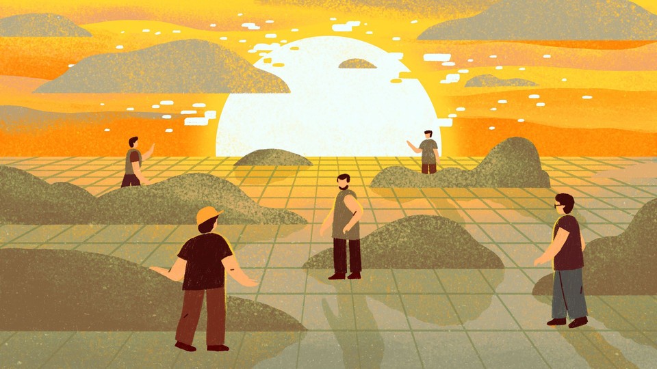 An illustration of five men spread out on a horizontal grid, among silhouettes of land masses. The sun sets in the background.