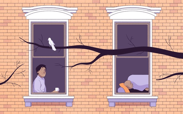 An illustration of a woman looking out her window while a man sleeps.