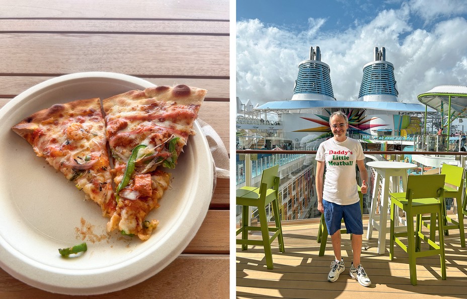 2 photos: 2 slices of pizza on plate; man in "Daddy's Little Meatball" shirt and shorts standing in outdoor dining area with ship's exhaust stacks in background