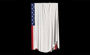 An illustration of the American flag with a white shroud draped over it