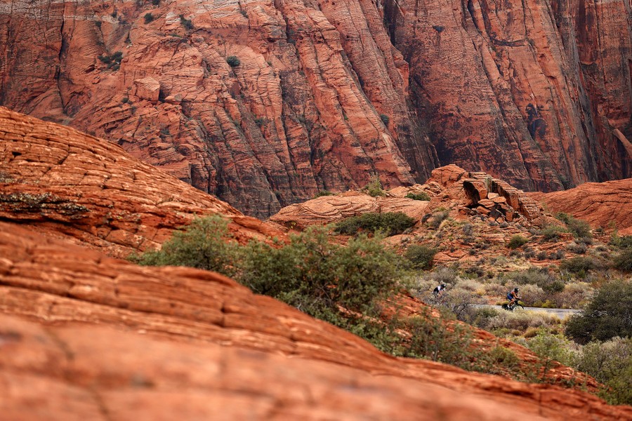 Cyclists ride through a desert landscape.