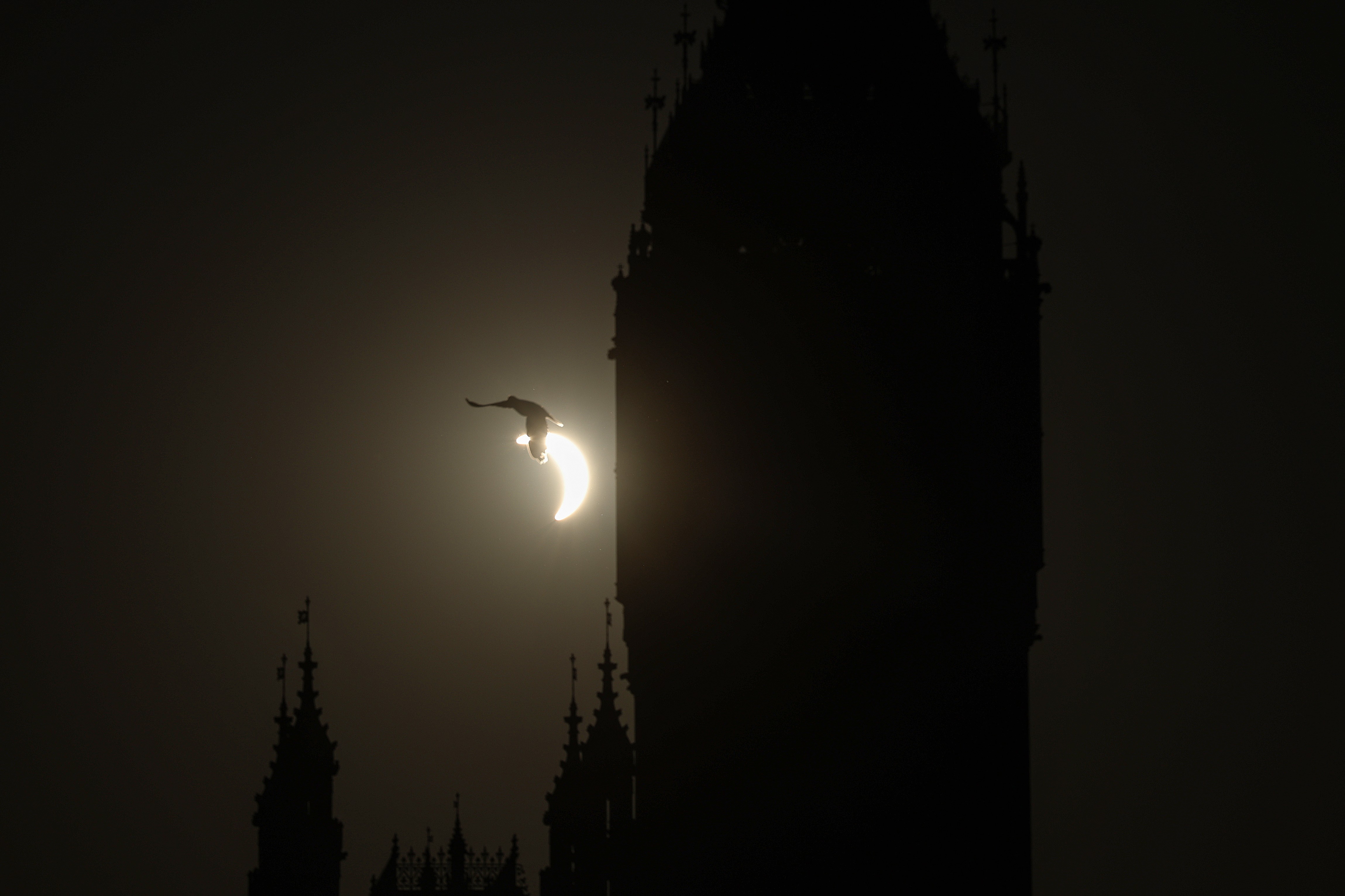 A bird flies past the Palace of Westminster as a near total solar eclipse takes place in the distance.