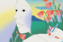 Illustration of female poet in profile with blue sky and flowers
