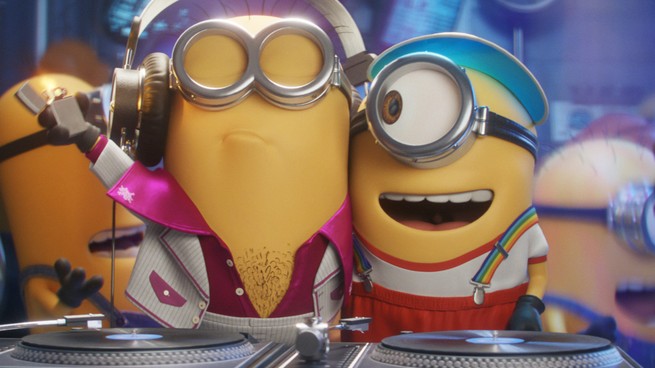 A minion with chest hair and a lighter, next to a minion with rainbow suspenders