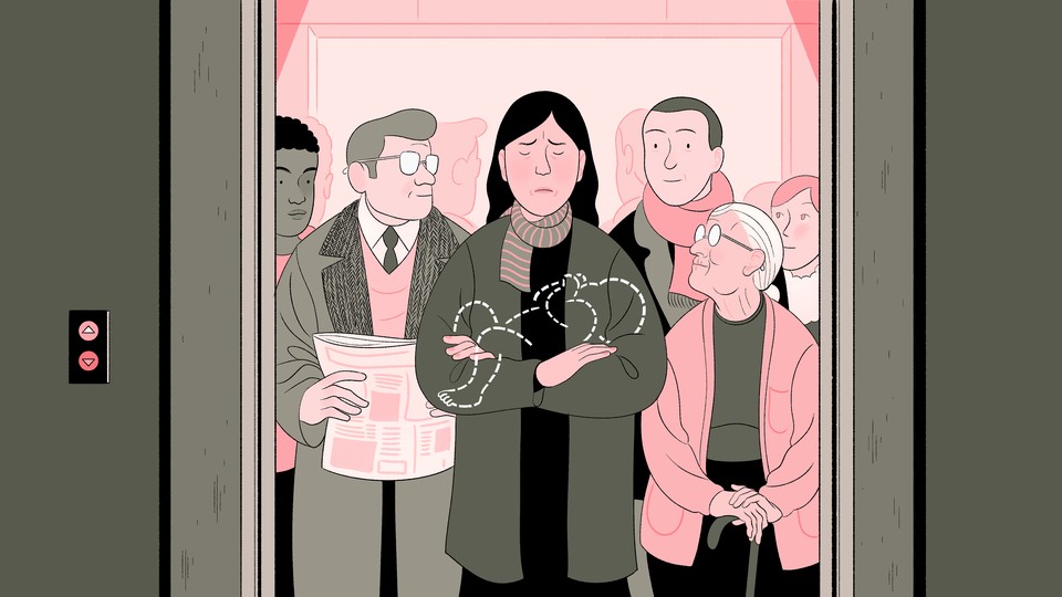 An illustration of a woman holding a silhouette of a baby while everyone in an elevator looks at her.