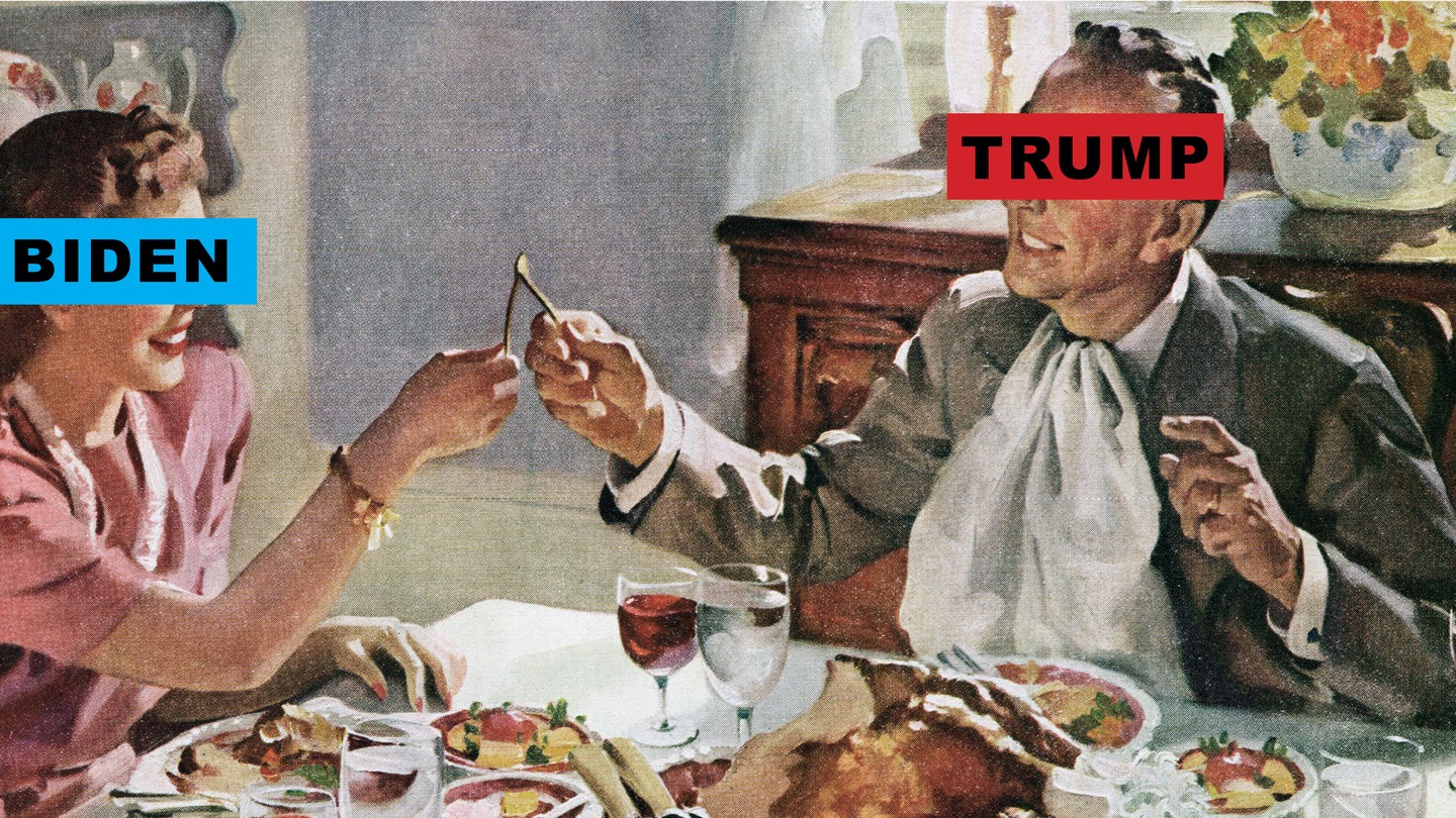 An illustration of a couple pulling at a wishbone, with "Trump" and "Biden" labels over their eyes