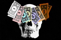 illustration depicting a skull covered by monopoly money