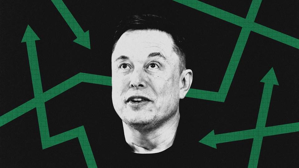 A black and white photograph of Musk's face against a background of green arrows chaotically pointing in every direction