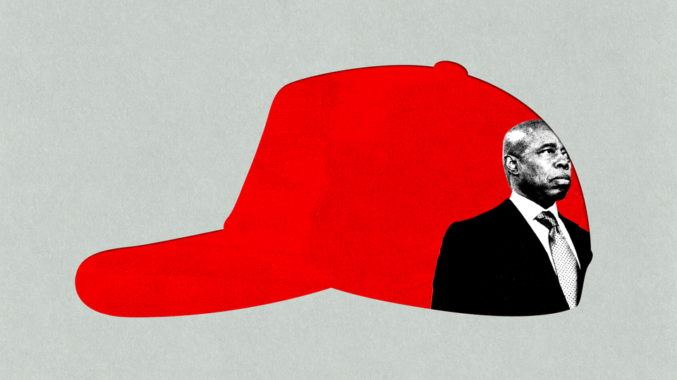 A graphic illustration of a red baseball cap with a black-and-white photo of Eric Adams on it.