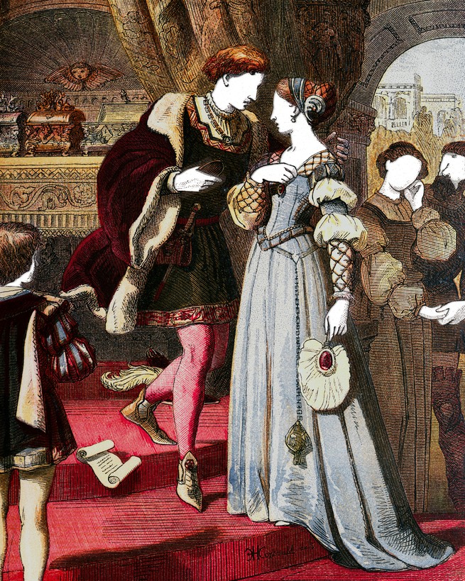 A depiction of a scene from "The Merchant of Venice" circa 1700 with characters' races blotted out