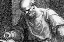 A black-and-white image of Socrates writing