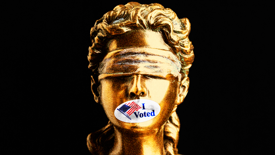 Lady Justice with an "I Voted" sticker covering her mouth
