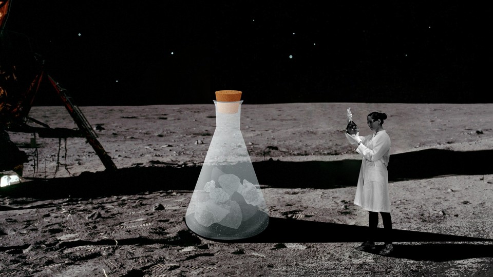 A scientist examining a cartoon beaker on the lunar surface.
