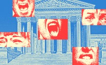 Images of upset faces overlaying an image of the Supreme Court