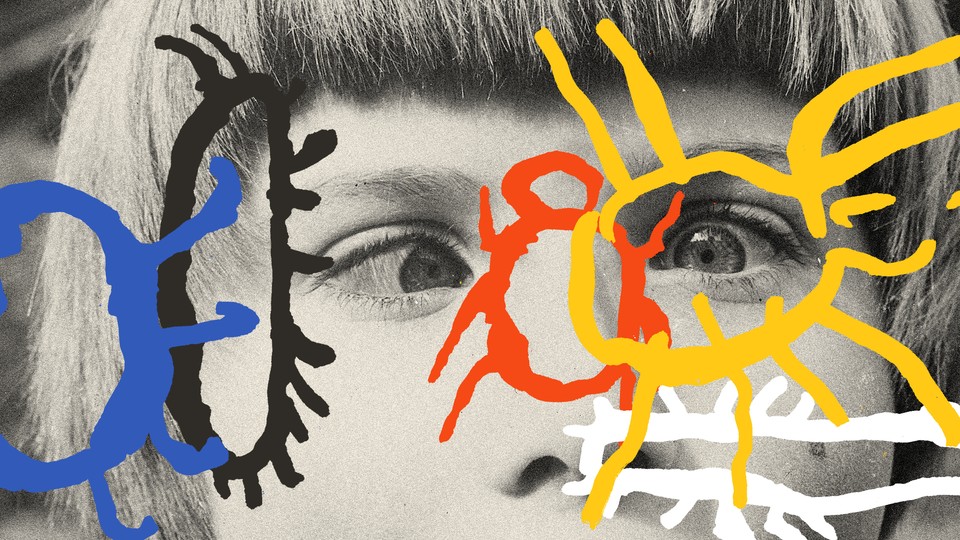 Black-and-white photo of a child crossing their eyes, overlaid with colorful childlike doodles of bugs