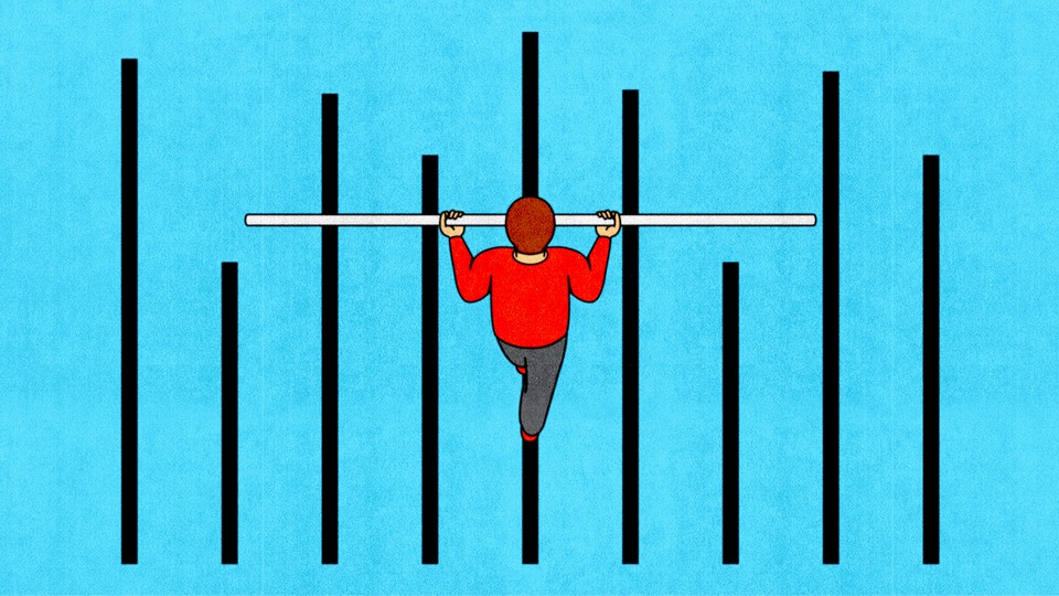 Illustration of a person walking across a bar graph like a tightrope.