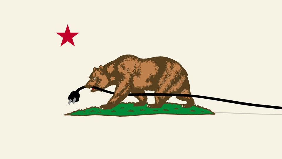 The bear from the California State flag carrying a power cord in its mouth