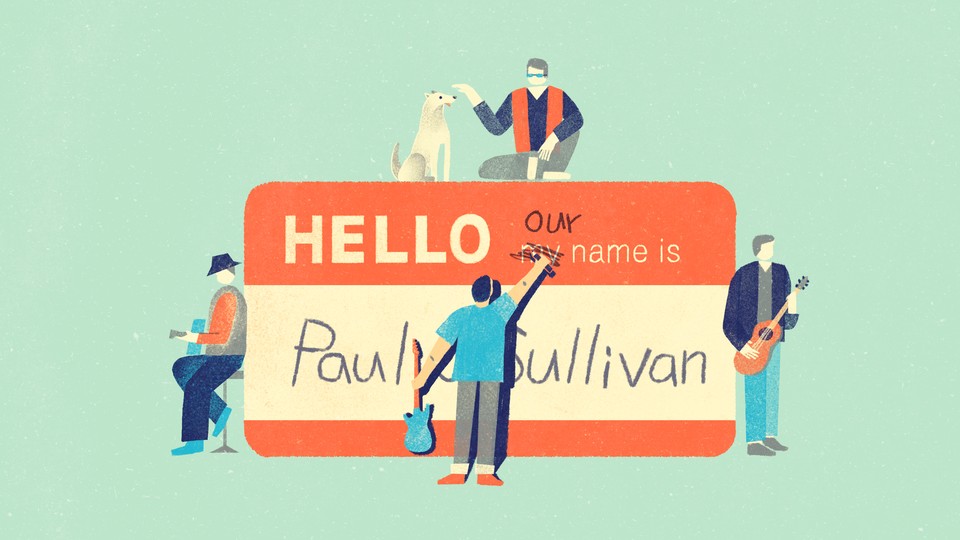 A graphic showing the four Paul O'Sullivans sitting near a giant name tag. One of the Paul O'Sullivans is crossing off the word "my" and writing "our," so that the name tag now reads, "Hello, our name is Paul O'Sullivan."