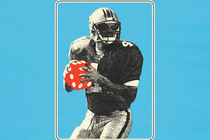 illustration with black-and-white photo of football player holding red-and-white game die instead of football on blue background