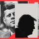 A photo of John F. Kennedy, Jr. and a silhouette of Donald Trump superimposed on a photo of the Kennedy Center.