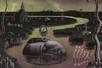 illustration of apocalypse with man's horizontal face half-submerged in river