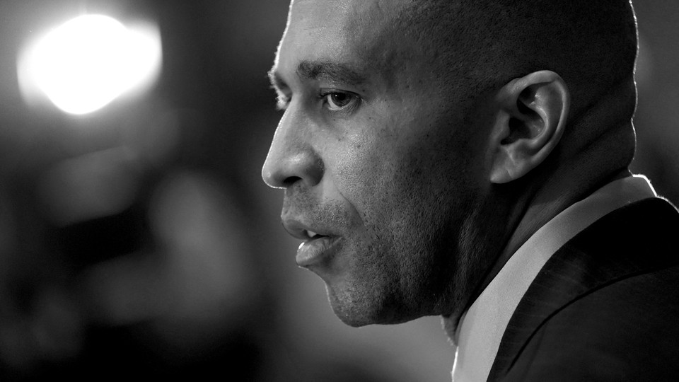 A black-and-white photo of Hakeem Jeffries