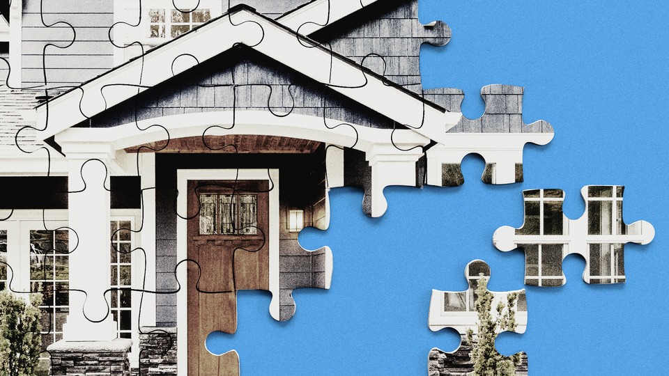 a puzzle of a house has some missing pieces