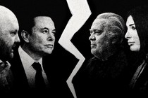 An illustration of Marc Andreessen and Elon Musk on one side, and Steve Bannon and Laura Loomer on the other