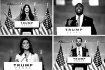 Clockwise from top right: Tim Scott, Donald Trump Jr., Nikki Haley, and Kimberly Guilfoyle speaking at the 2020 RNC.