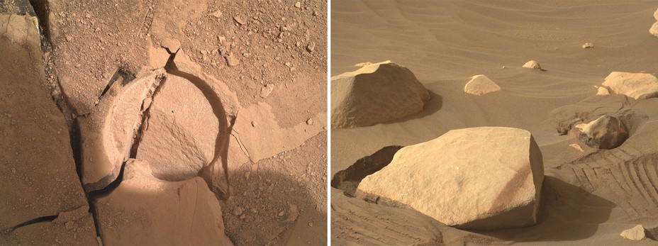 At left, a shape in the Martian terrain carved out by the Perseverance rover's instruments; at right, boulders surrounded by a silky, sandy landscape on Mars
