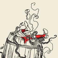 An illustration of a man in a barrel of snakes.
