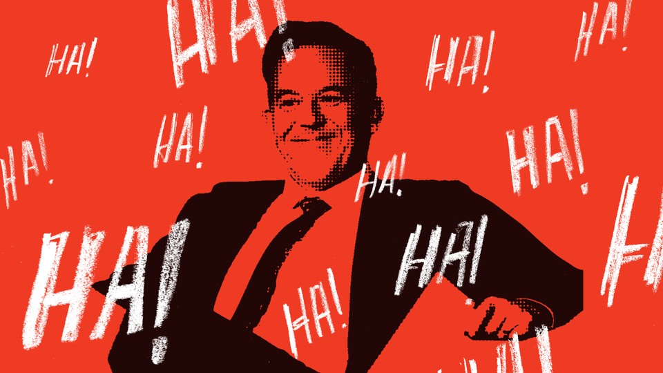 illustration with Gutfeld grinning in suit and tie on red background with white handwritten "HA!"s surrounding him