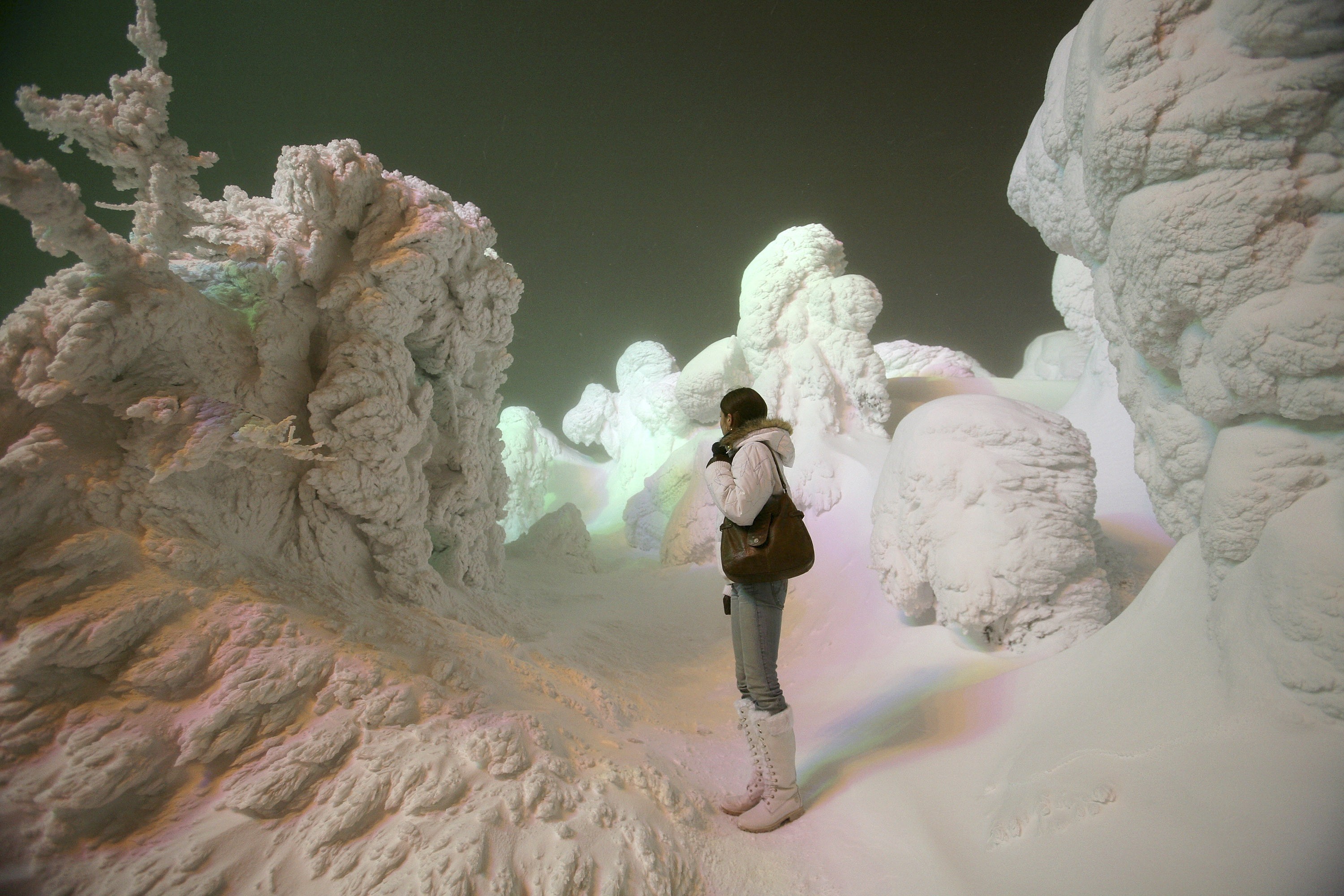 A person stands among small trees that are completely covered in snow and ice.