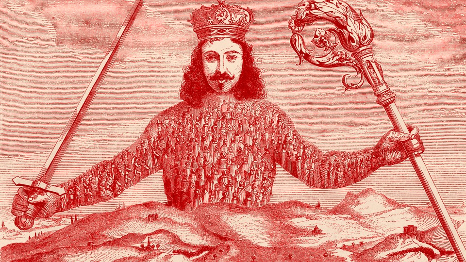 Old illustration of a king overlooking the world, with people inside his body, tinted in red.