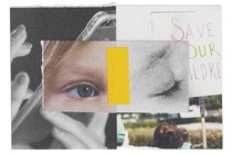 collage with color photos of child's open eye and a person holding a "Save Our Children" picket sign with black and white photos of fingers scrolling on a smartphone and child's closed eye