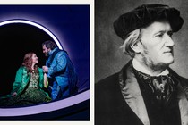 A split image of a new production of “Tristan Und Isolde” and a photo of Richard Wagner