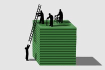illustration with 3 figures standing on top of a stack of abstract green bills: one with a cane, one with a walker, and one pulling up a long ladder out of the reach of the figure on the ground