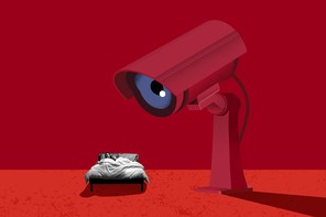 An illustration of a giant camera recording two people sleeping in a bed.