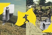 Collage showing soldiers, barbed wire, the damaged Nelson's Pillar, and a man preparing to throw an object