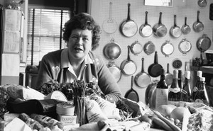 Portrait of the American chef, author, cooking teacher, and TV host Julia Child (1912-2004) as she poses in her kitchen, in Cambridge, Massachusetts, 1972.