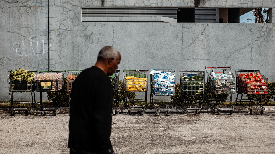 A man stands in the foreground as grocery carts filled with vegetables, canned food, and other perishables fill the background.